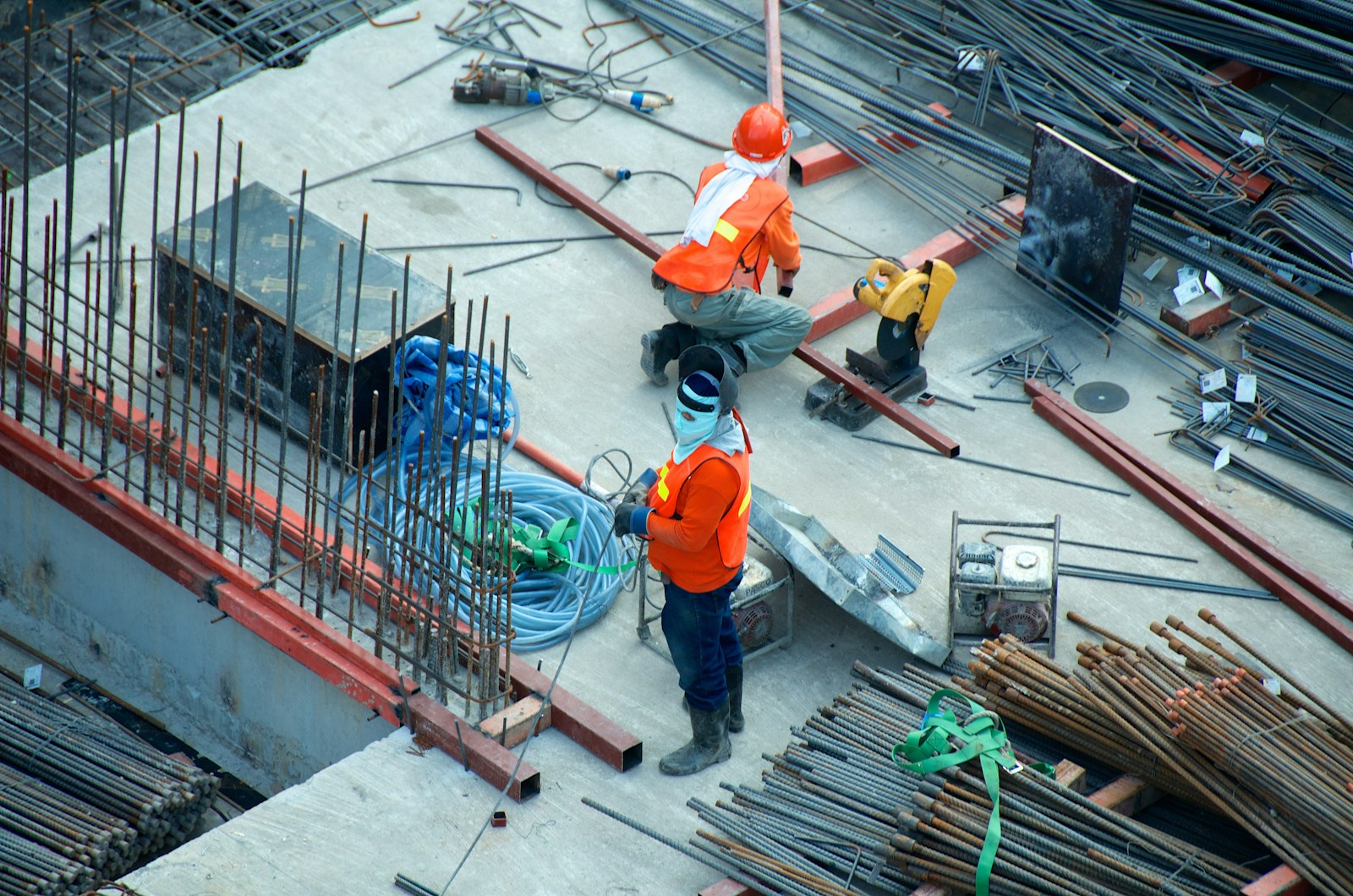 Steel structural work on a construction site